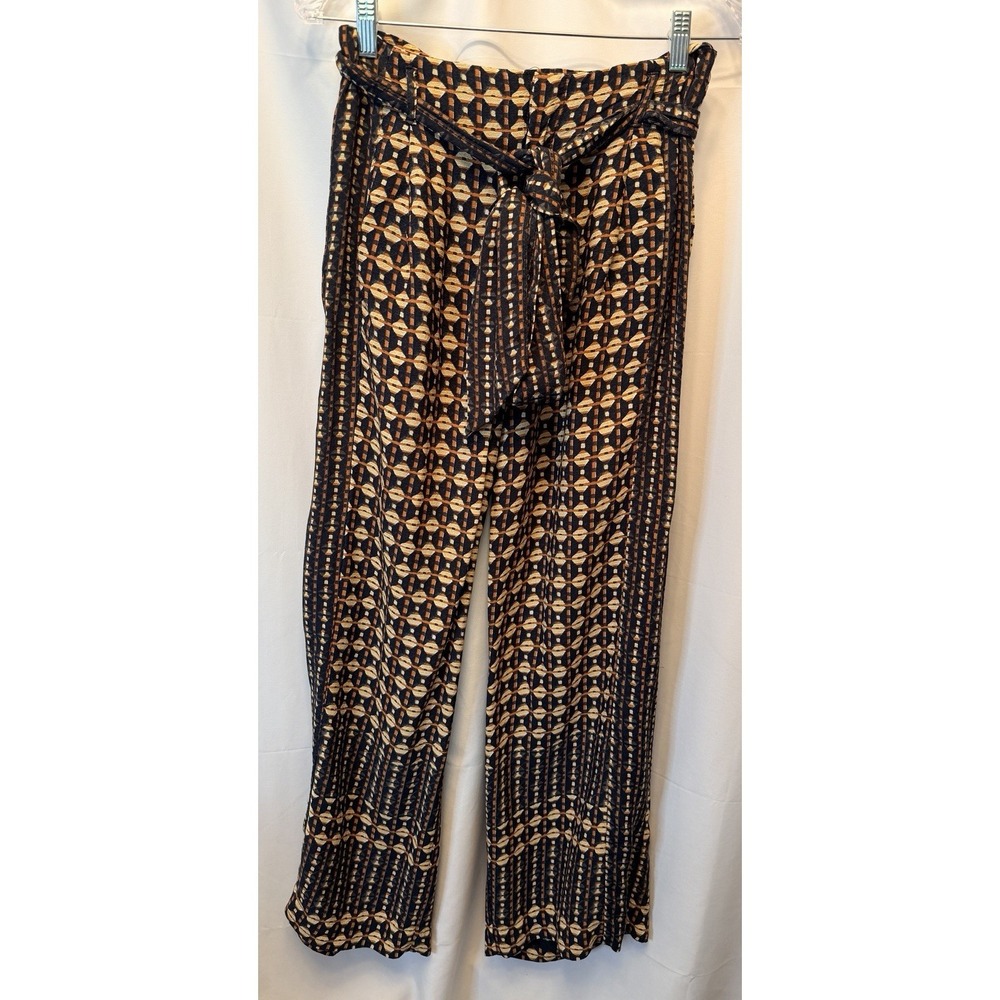 Ett:Twa‎ Anthropologie Size 4 Wide Leg Flowy Pants Belted Viscose Navy Tan Cream